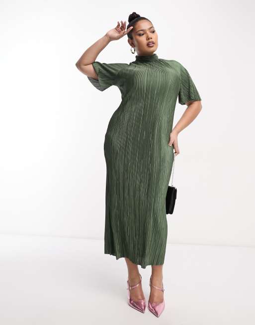 ASOS DESIGN Curve – Khakigrön, plisserad maxiklänning med hög krage