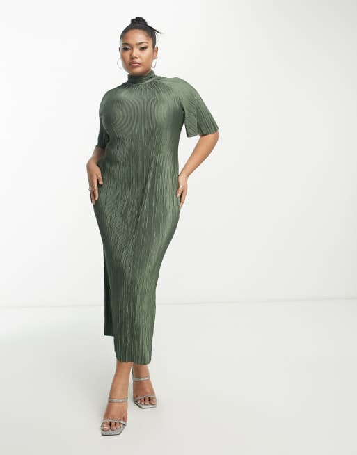 ASOS DESIGN Curve – Khakigrön plisserad t-shirtklänning i midilängd