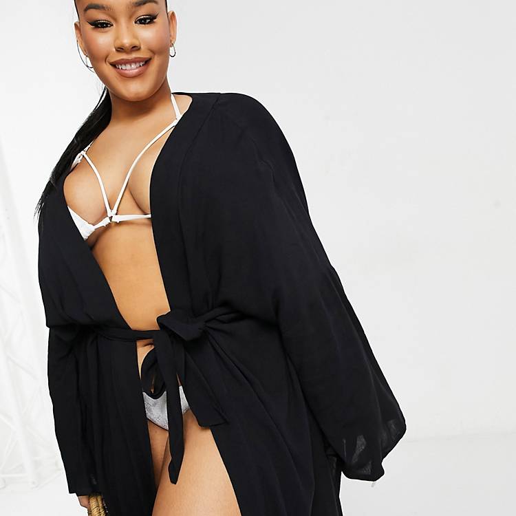ASOS DESIGN Curve Kimono de plage à manches cloche en gaze naturelle Asos Femme Vêtements Pulls & Gilets Gilets Kimonos 