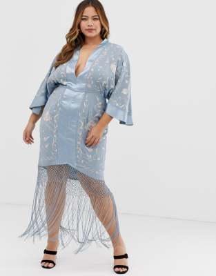 asos design kimono midi dress with delicate beaded embellishment Chic White Mermaid Spaghetti Straps V-Neck Sleeveless Lace Beaded Tulle Chapel Train Wedding Dress With Appliques main image 1