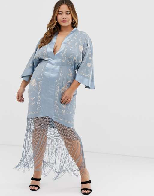 Curve kimono embroidered midi dress with fringe hem