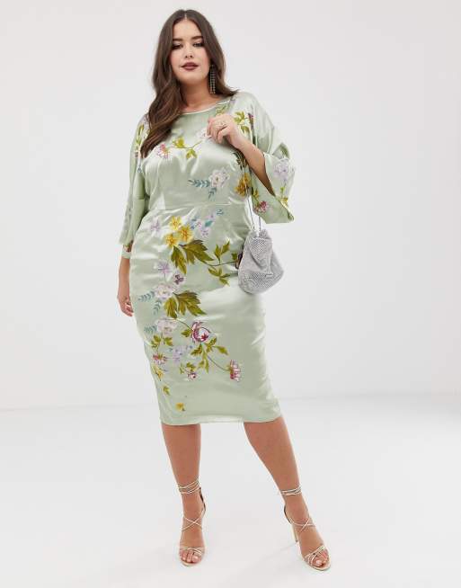 Curve kimono midi pencil dress in satin floral embroidery