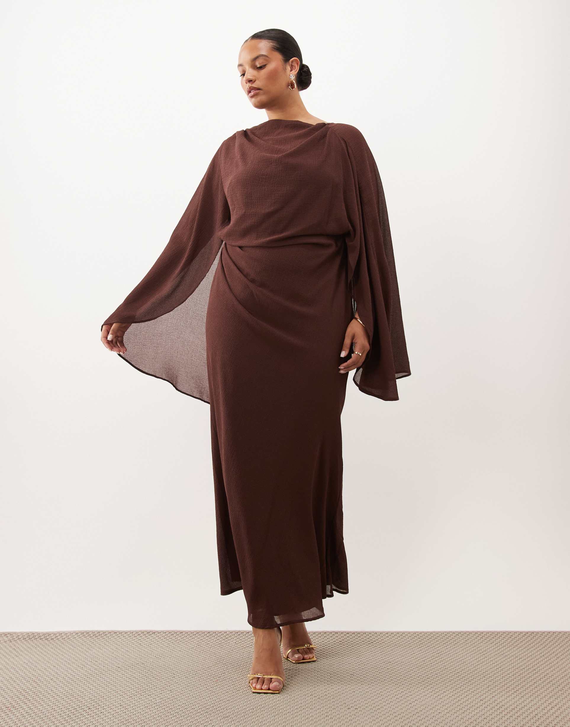 asos design curve kimono sleeve cape detail draped midaxi dress with open back in chocolate