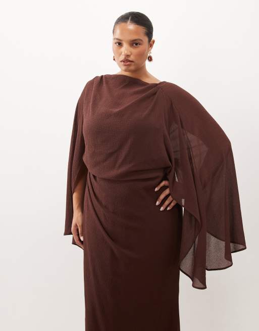 ASOS DESIGN Curve kimono sleeve cape detail draped midaxi dress with open back in chocolate, 2 of 4