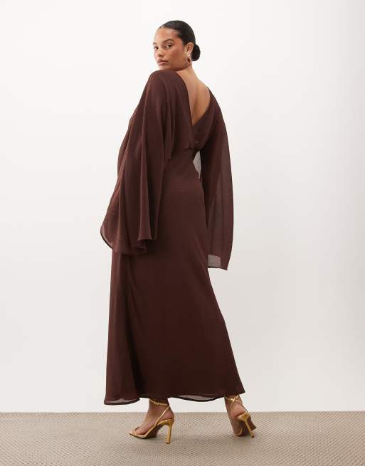 ASOS DESIGN Curve kimono sleeve cape detail draped midaxi dress with open back in chocolate, 3 of 4