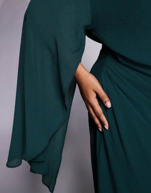 asos green kimono dress ASOS Kimono Sleeve Cape Detail Draped Midaxi Dress With Open Back in Green