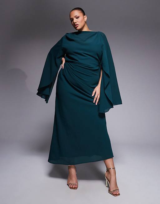 kimono sleeve dress Kara Satin Midi Purple a smocked elastic waist for definition One Shoulder Kimono Sleeve Fitted