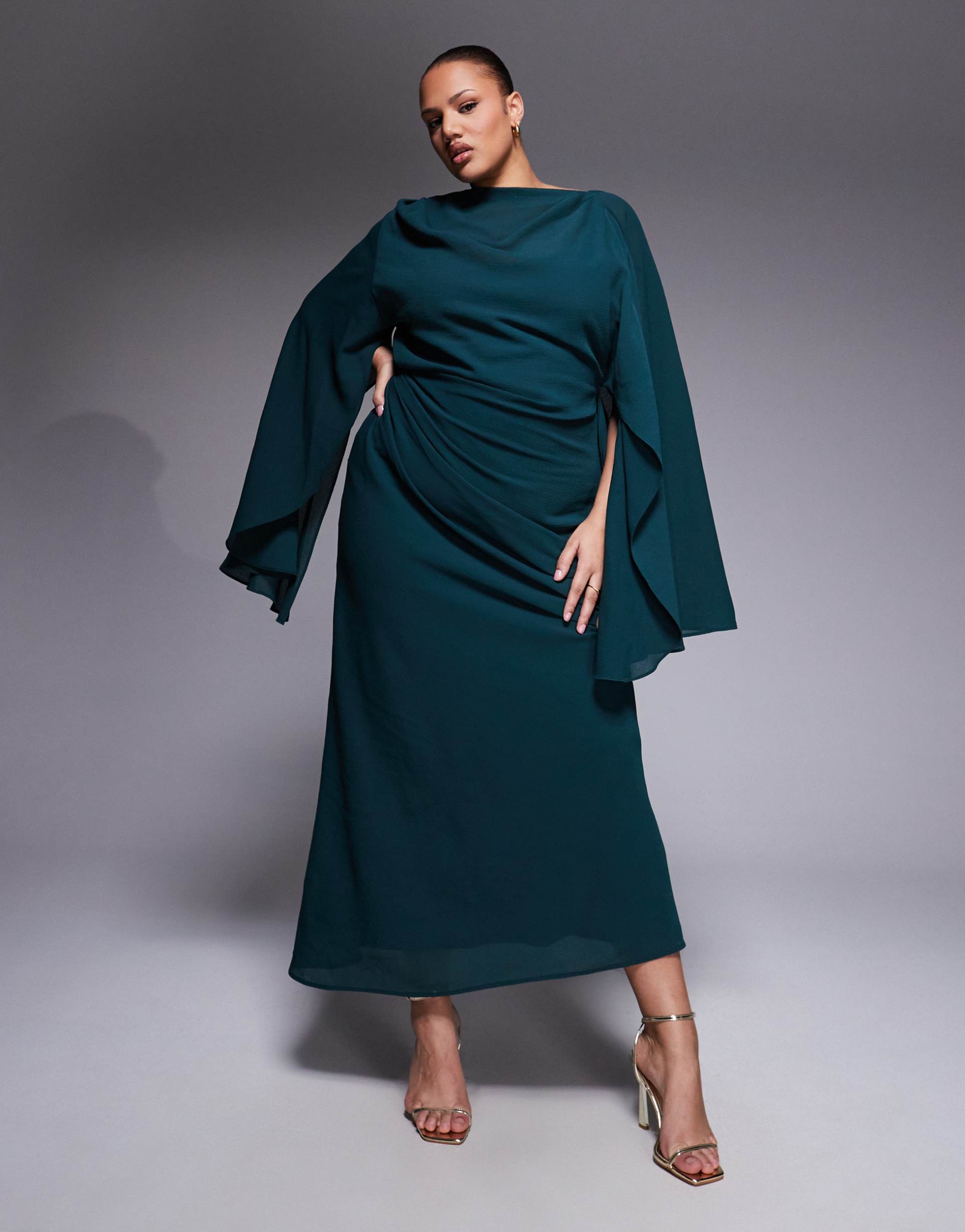 asos design curve kimono sleeve cape detail draped midaxi dress with open back in teal