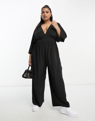 ASOS DESIGN Curve kimono sleeve culotte jumpsuit-Black