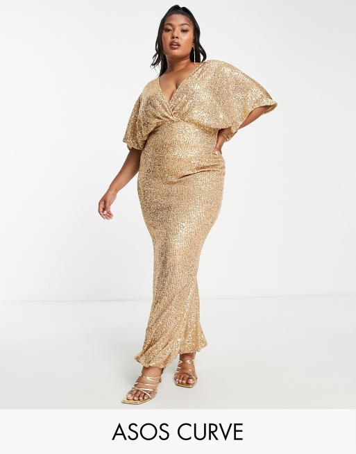 ASOS DESIGN Curve kimono sleeve maxi dress in sequin gold