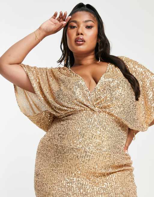 Asos Design Curve Kimono Sleeve Maxi Dress In Sequin Gold | Asos