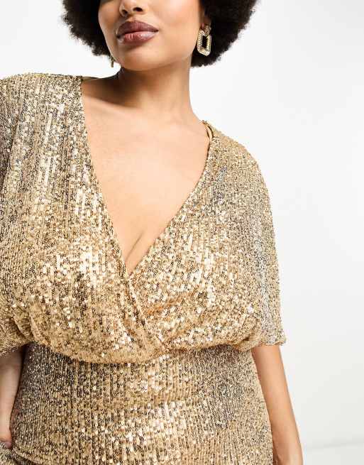 ASOS DESIGN Curve kimono sleeve maxi dress in sequin gold | ASOS
