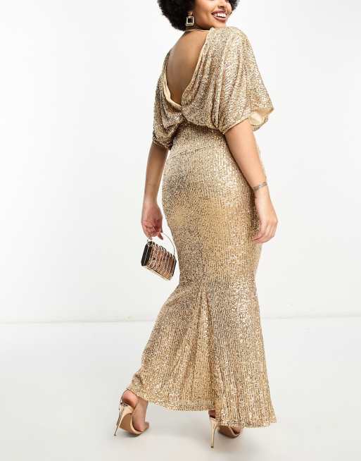 ASOS DESIGN Curve kimono sleeve maxi dress in sequin gold, 3 of 4