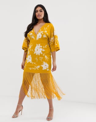 asos yellow fringe dress