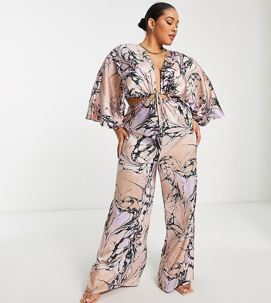 Asos Design Curve Kimono Sleeve Satin Jumpsuit In Marble Print-Multi