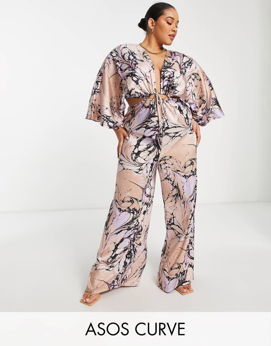 ASOS DESIGN Curve kimono sleeve satin jumpsuit in marble print