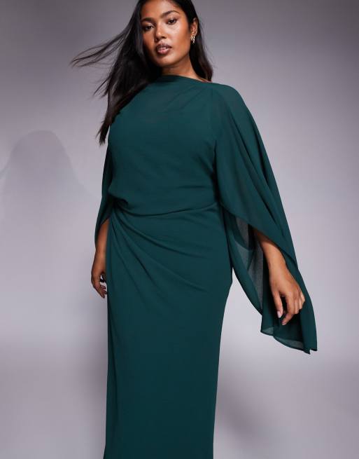 ASOS DESIGN Curve kimono sleeve cape detail draped midaxi dress with open back in khaki