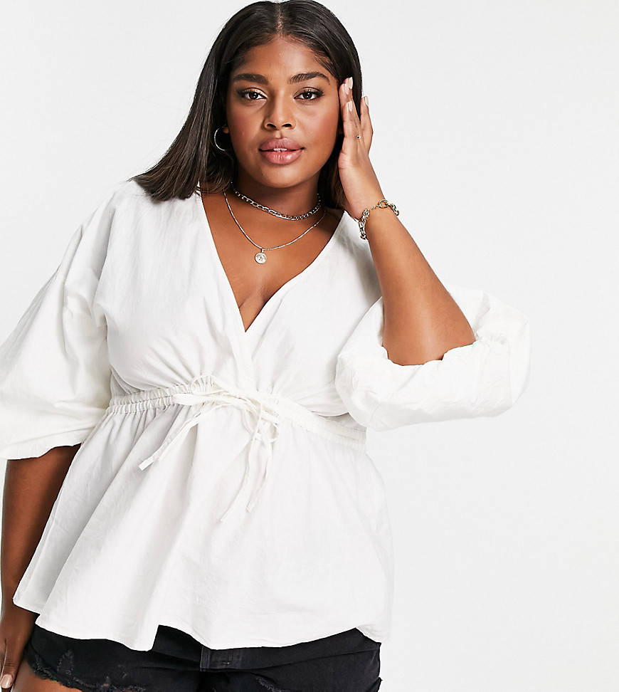 ASOS DESIGN Curve kimono top in cotton with tie waist in ivory-No color