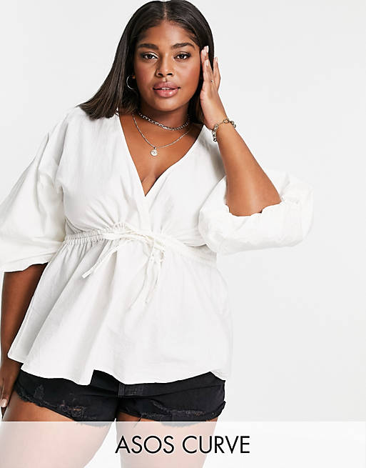 Women Shirts & Blouses/Curve kimono top in cotton with tie waist in ivory 