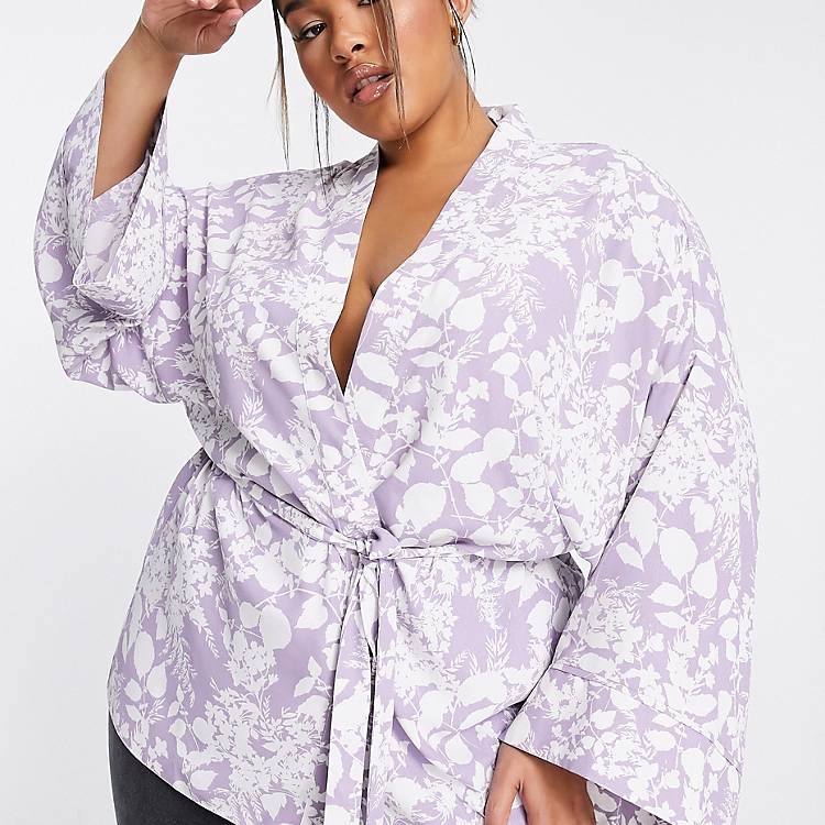 Asos Women Clothing Sweaters Cardigans Kimonos ASOS DESIGN CURVE kimono with tie in white & purple floral outline print 