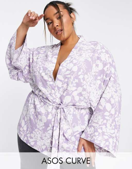 ASOS DESIGN CURVE kimono with tie in white purple floral outline print