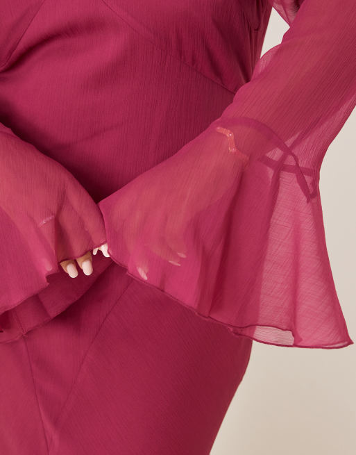 ASOS DESIGN Curve - Kirsebærfarvet maxikjole med flagrende ærmer og flæsekant, 3 af 4