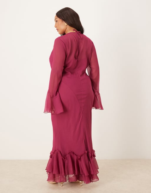 ASOS DESIGN Curve - Kirsebærfarvet maxikjole med flagrende ærmer og flæsekant, 4 af 4