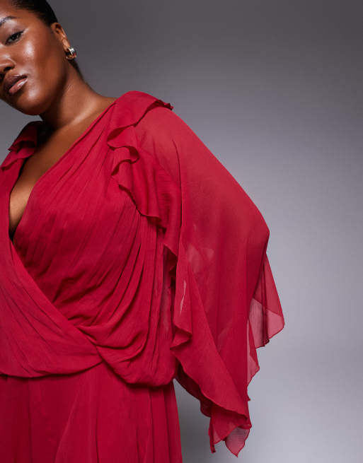 ASOS DESIGN Curve - Kirsebærrød løstsiddende minikjole med kile på hoften og flæseærme, 3 af 4