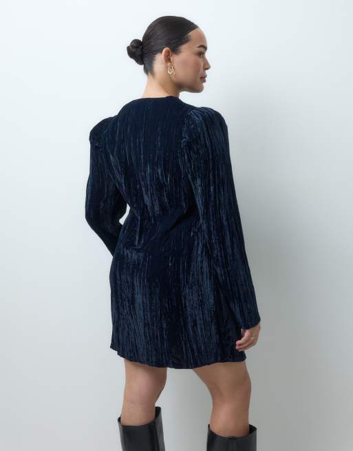 ASOS DESIGN Curve kjole med rund hals og knaplukning foran i navy velour, 4 af 4