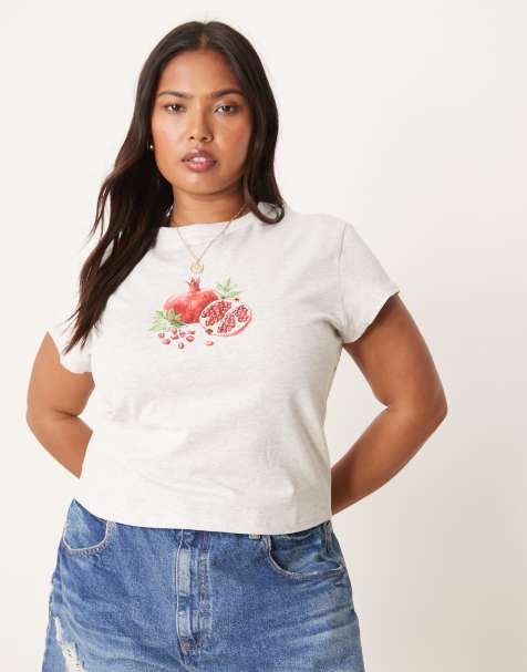 ASOS DESIGN Curve – Knapp geschnittenes T-Shirt in eisweiß meliert mit Granatapfel-Print - view 1
