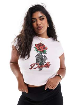 ASOS DESIGN Curve - Knapp geschnittenes T-Shirt in Rosa mit Rosen-Print-Schwarz