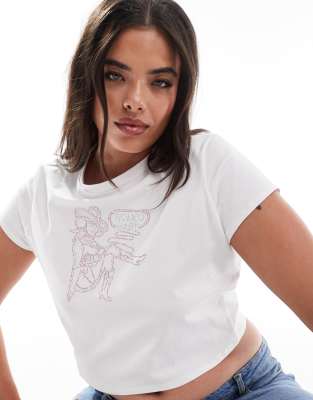 ASOS DESIGN Curve - Knapp geschnittenes T-Shirt in Weiß mit „Rodeo Baby"-Motiv aus Schmucksteinen