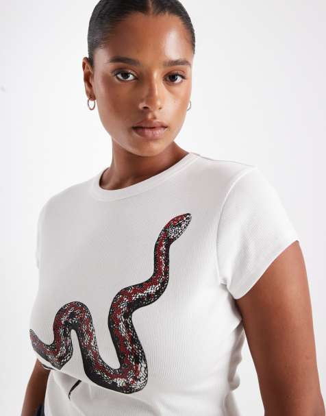 ASOS DESIGN Curve – Knapp geschnittenes T-Shirt in Weiß mit Schlangenmotiv - view 1