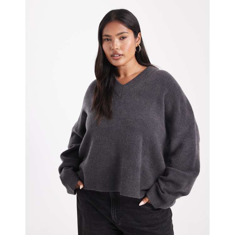トップス RIM.ARK V-neck big knit PO charcoal ASOS DESIGN Curve knit boxy v neck sweater in charcoal | ASOS