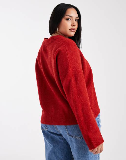 ASOS DESIGN Curve knit boxy v neck sweater in red