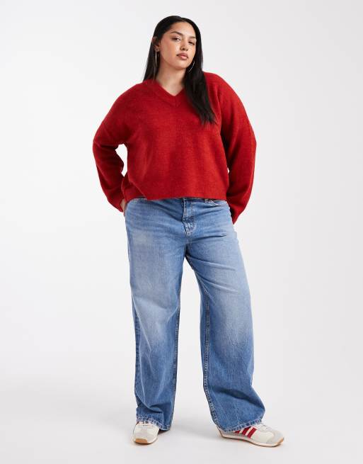 ASOS DESIGN Curve knit boxy v neck sweater in red