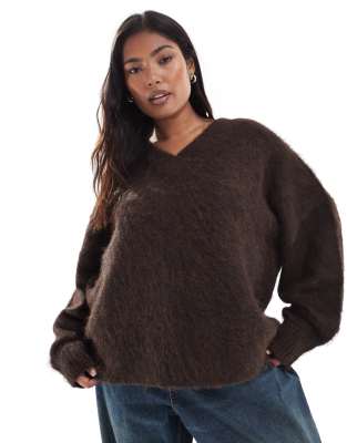 Asos Curve Asos Design Curve Knit Brushed V-neck Oversized Sweater In Brown