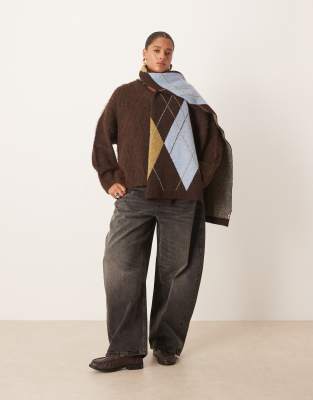 Asos Curve Asos Design Curve Knit Brushed V-neck Oversized Sweater In Brown