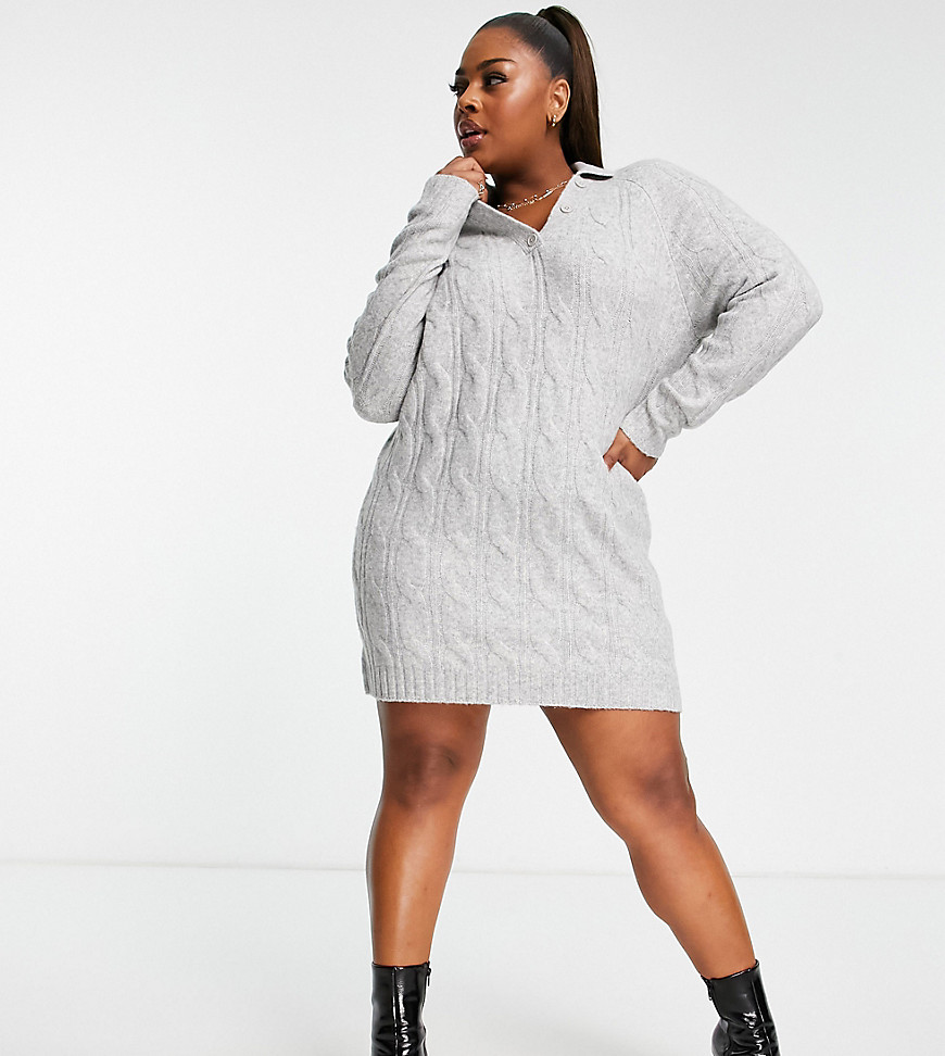 ASOS DESIGN Curve knit cable mini dress with open collar in gray