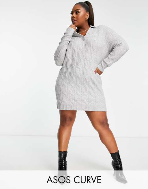 ASOS DESIGN Curve knit cable mini dress with open collar in gray ASOS