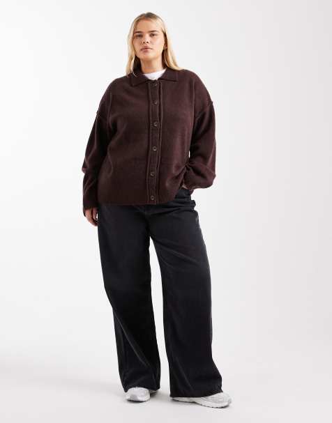 ASOS DESIGN Curve knit collar shirt cardigan with seam detail in plum - view 1