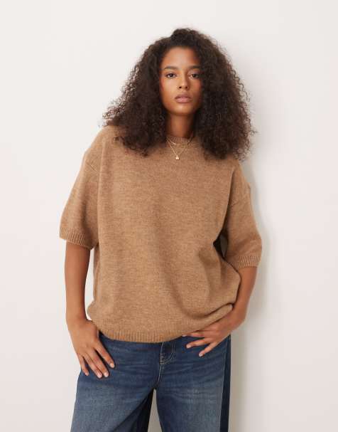 ASOS DESIGN Curve knit crew neck fluffy T-shirt sweater in beige - view 1