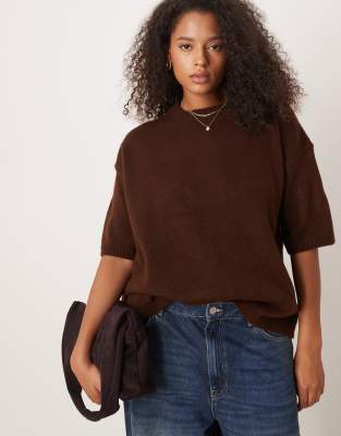 Asos Curve Asos Design Curve Knit Crew Neck Fluffy T-shirt Sweater In Brown
