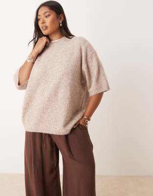 ASOS DESIGN Curve knit crew neck fluffy T-shirt sweater in mushroom-Neutral