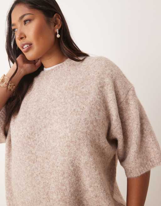 ASOS DESIGN Curve knit crew neck fluffy T-shirt sweater in mushroom, 3 of 4