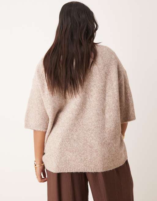 ASOS DESIGN Curve knit crew neck fluffy T-shirt sweater in mushroom