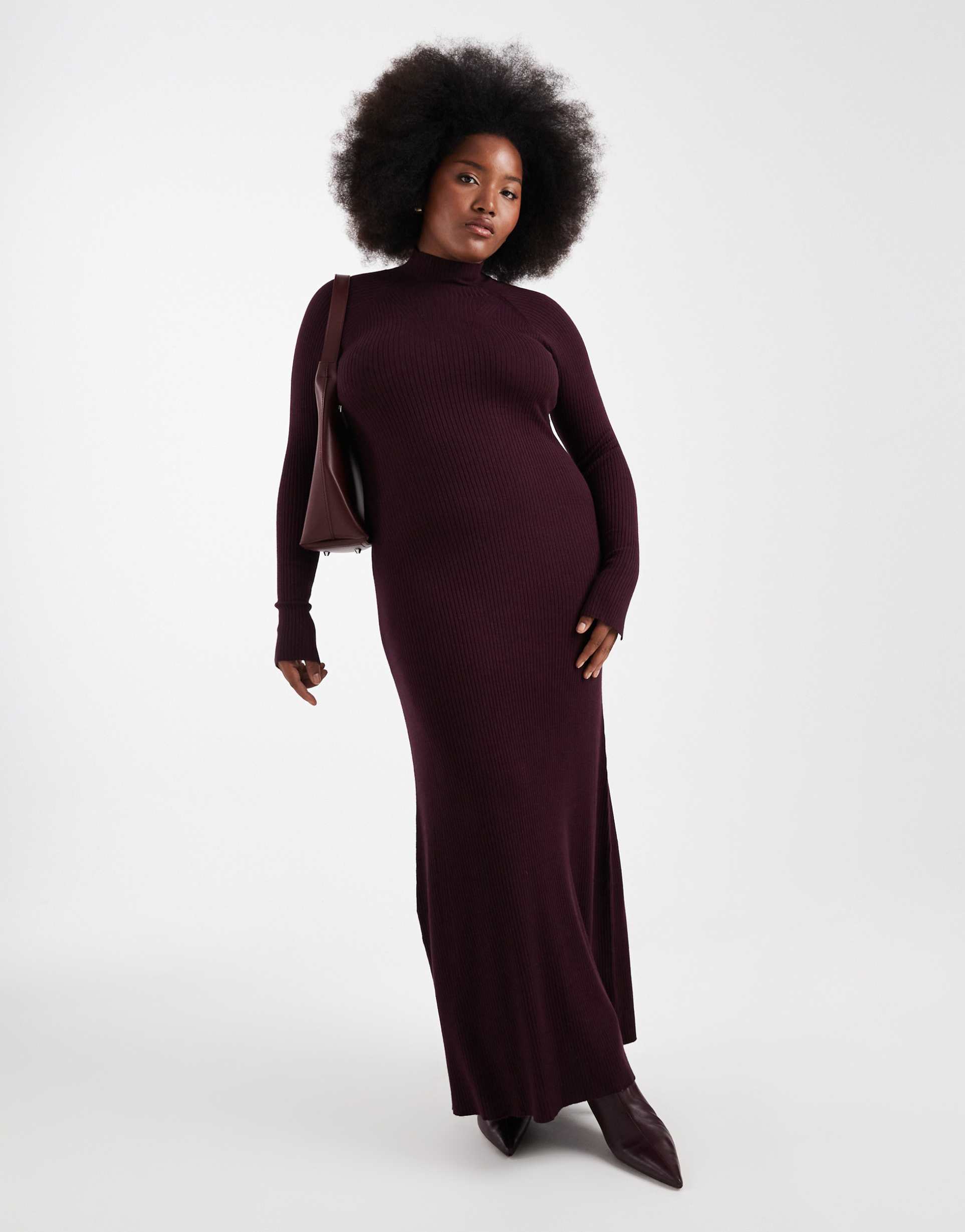 asos design curve knit fine gauge maxi dress with ribbed detail in plum