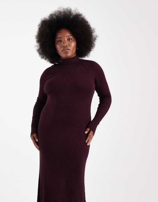 ASOS Design Curve knit fine gauge maxi dress with ribbed detail in plum-Purple