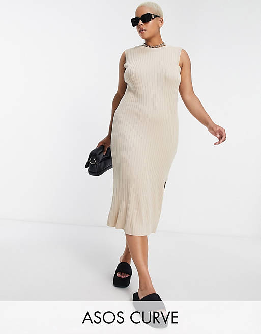 ASOS DESIGN Curve knit maxi dress in wide rib with low back detail in oatmeal