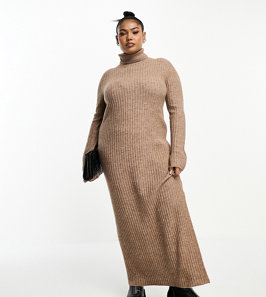 Asos Curve Asos Design Curve Knit Maxi Dress With High Neck And Side Split In Camel-neutral